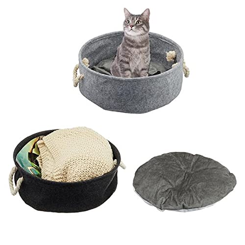 MACOSA CP44749 - Cesta para gatos con cojín, color gris oscuro, redonda, 40 cm, fieltro, cama para gatos, perros, cojín para dormir, cesta de fieltro con asa, color gris oscuro