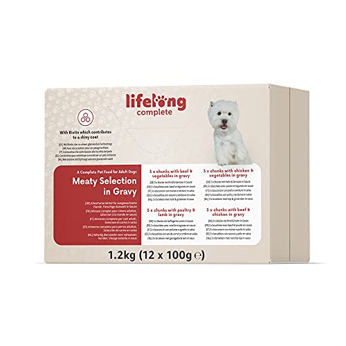 Marca Amazon - Lifelong Alimento completo para perros adultos - Selección de carne en salsa, 1.2 kg (12 bolsitas x 100g)