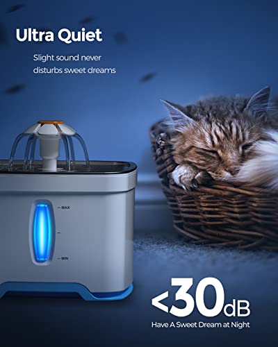 Peteast Fuente para Gatos 2.5L,Bebedero Gatos, Fuente Silencioso para Mascotas, Fuente Gatos con Luz LED Fuente Agua Gatos, con Filtro De Carbón Activado Y Bomba De