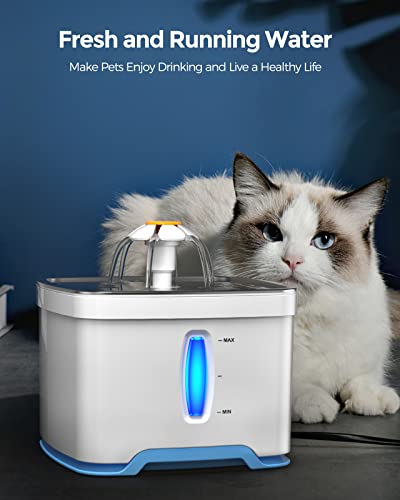 Peteast Fuente para Gatos 2.5L,Bebedero Gatos, Fuente Silencioso para Mascotas, Fuente Gatos con Luz LED Fuente Agua Gatos, con Filtro De Carbón Activado Y Bomba De