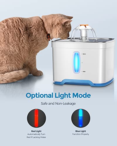Peteast Fuente para Gatos 2.5L,Bebedero Gatos, Fuente Silencioso para Mascotas, Fuente Gatos con Luz LED Fuente Agua Gatos, con Filtro De Carbón Activado Y Bomba De