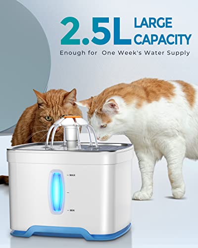 Peteast Fuente para Gatos 2.5L,Bebedero Gatos, Fuente Silencioso para Mascotas, Fuente Gatos con Luz LED Fuente Agua Gatos, con Filtro De Carbón Activado Y Bomba De