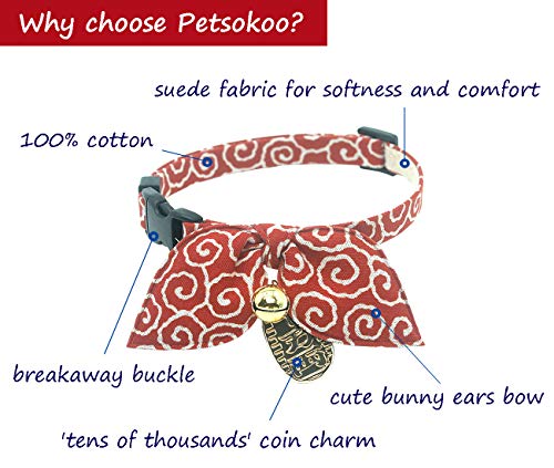 PetSoKoo Bufanda de orejas de conejo, collar de gato con campana y colgante de moneda. Estilo único Japón. 100% algodón. Para niña niño y mujer lindo collar de gato