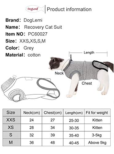 RC GearPro Traje de recuperación Cat para heridas Abdominales o Enfermedades de la Piel, Camisa de Gato de algodón Alternativa y Transpirable después de heridas por cirugía (XS, Gris)