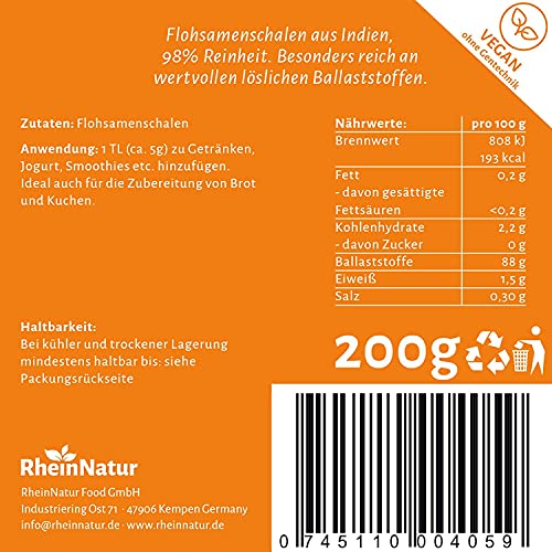 Rheinnatur Semillas de pulgas en polvo finamente molido, orgánico, 99 % de pureza, para ayudar a la digestión, 200 g