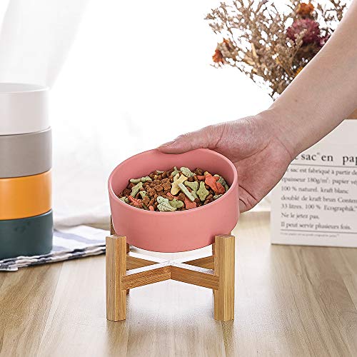 Rosa Comedero Gato Comedero Perro Comedero Elevado Gato con Soporte de Bambú - Comederos para Gatos Perros Pequeño y Mascotas - Cuenco de Ceramica para Agua Comida 400ML