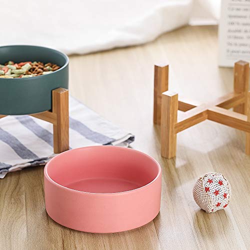 Rosa Comedero Gato Comedero Perro Comedero Elevado Gato con Soporte de Bambú - Comederos para Gatos Perros Pequeño y Mascotas - Cuenco de Ceramica para Agua Comida 400ML