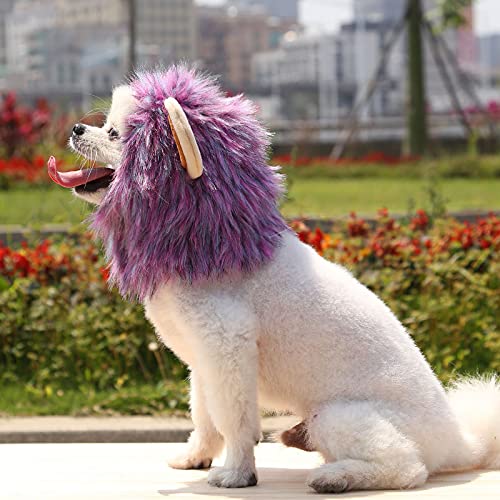 SIQI Dog Lion Mane - Melena de león realista y divertida para perros - Melena de león complementaria para disfraces de perro - Perros de tamaño Peluca de melena de león para perros-Purple||S 28cm