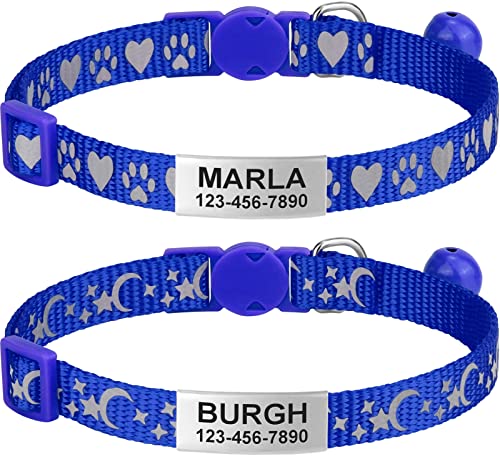 TagME Collar de Gato Personalizado de 2 Piezas, Collares de Gatito Reflectantes con Campanas y Hebilla Segura de liberación rápida, para Cachorro Gato, Azul Oscuro