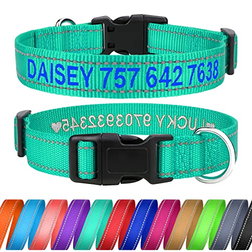 TagME Personalizado Mediano Collar Perro, Bordado Nombre y Número De Teléfono Reflectante Collar Perros,Turquesa M