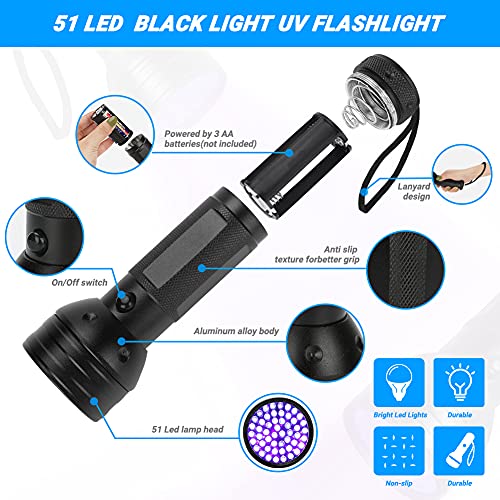 VicTop Linterna UV de 51 LED con gafas de protección UV, portátil, detector de orina para perros, gatos, manchas de mascotas, chinches de cama, caza en escorpiones para alfombra/suelo