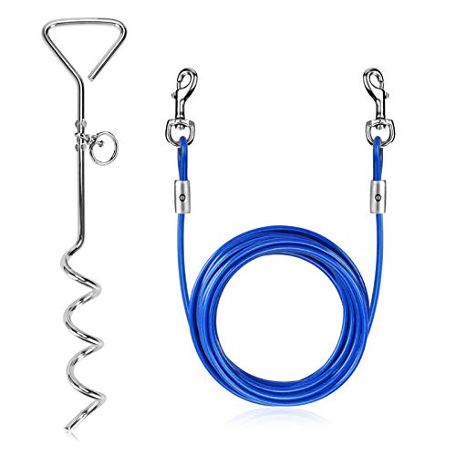Welltop Juego de Estaca de Acero Inoxidable con Punta en Espiral y Correa, para Atar al Perro en Exteriores, Correa de 5 m para Perros de hasta 120 LB para Jugar, Acampar y en el Patio Trasero (Azul)