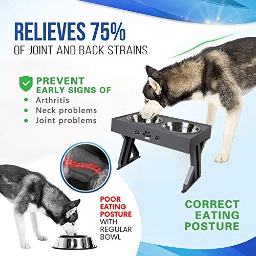 Wisedog Cuencos elevados para Perros para Perros Grandes Cuenco Elevado para Perros: se Ajusta a 3 Alturas, Soporte de 2.8 ", 7.5" y 11.6 "(Gris)