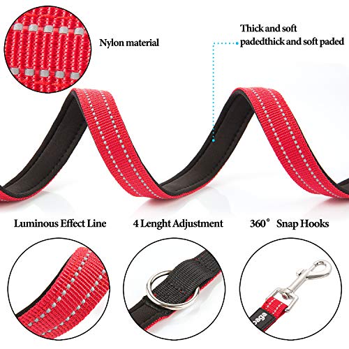 Yangbaga Correa para Perros Multiposición, Correa Perro adiestramiento Nylon Correa Doble, 4 Longitudes para Perro Pequeño Perro Mediano y Perro Grande 224cm Rojo