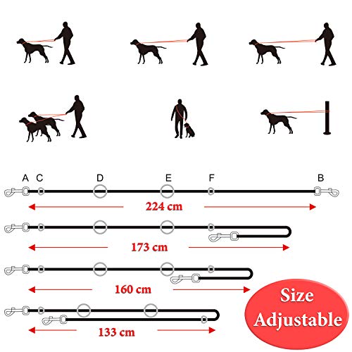 Yangbaga Correa para Perros Multiposición, Correa Perro adiestramiento Nylon Correa Doble, 4 Longitudes para Perro Pequeño Perro Mediano y Perro Grande 224cm Rojo