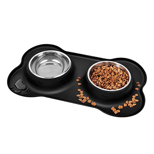 yoka Cuencos para perros antideslizantes – Doble cuenco de acero inoxidable con bandeja de silicona antiderrames para gatos, perros, cachorros, alimentos y agua (400 ml cada cuenco), color negro